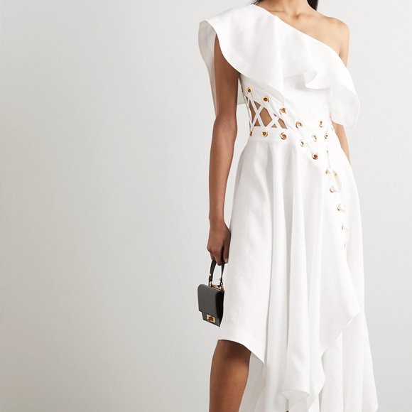 Alexander McQueen Dresses & Skirts - ALEXANDER MCQUEEN  One-shoulder eyelet-embellished ruffled linen-poplin dress